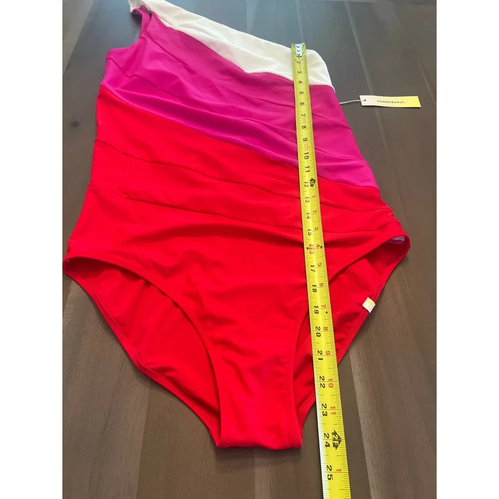 Summersalt The Sidestroke One Shoulder Swimsuit Colorblock Pink White Red 14LT